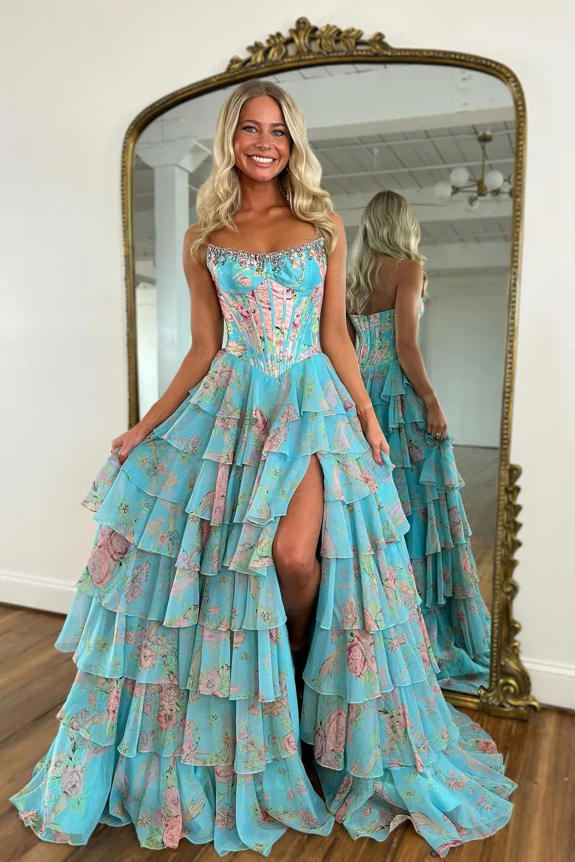 Floral A-Line Strapless Sweetheart Chiffon Floor-Length Tiered Corset Prom Dress