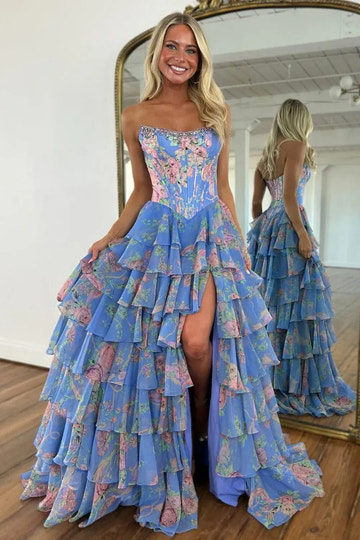 Floral A-Line Strapless Sweetheart Chiffon Floor-Length Tiered Corset Prom Dress