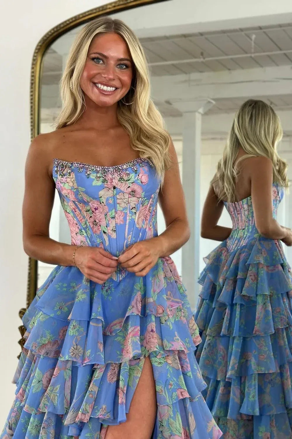 Floral A-Line Strapless Sweetheart Chiffon Floor-Length Tiered Corset Prom Dress
