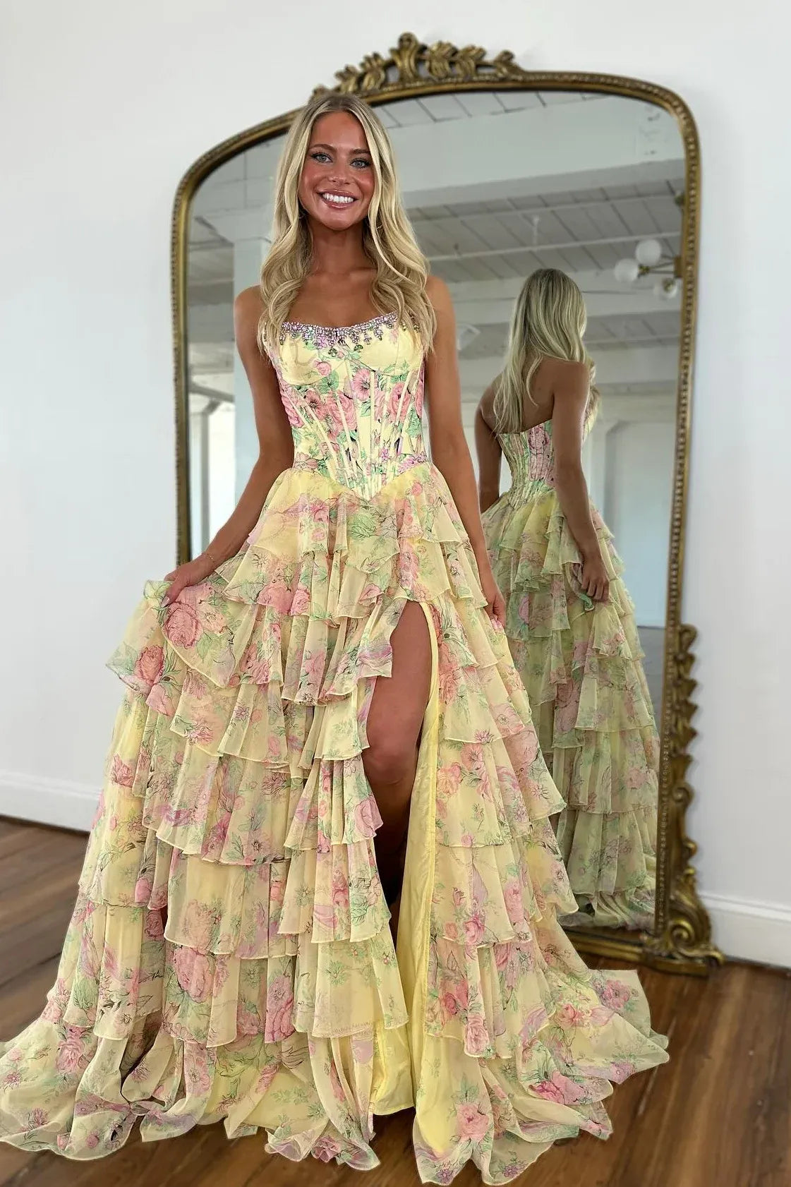Floral A-Line Strapless Sweetheart Chiffon Floor-Length Tiered Corset Prom Dress