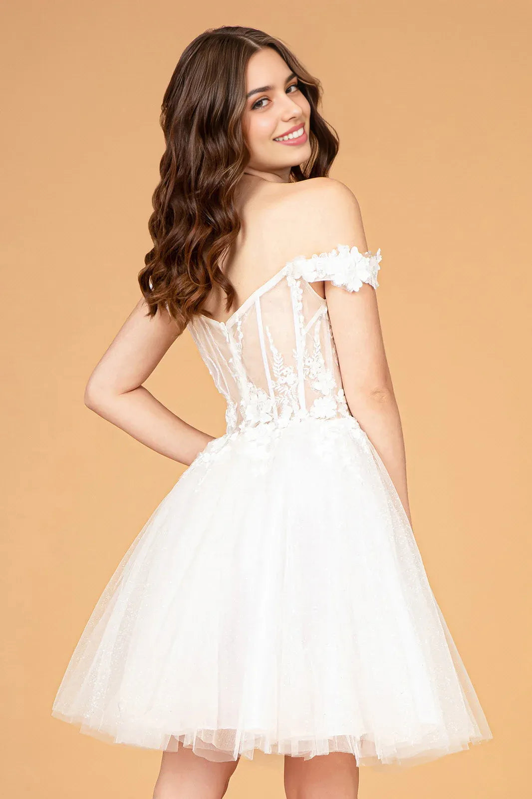 Floral Applique A-Line Off-The-Shoulder Tulle Mini Homecoming Dress