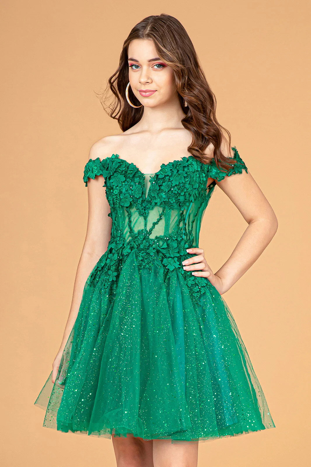 Floral Applique A-Line Off-The-Shoulder Tulle Mini Homecoming Dress