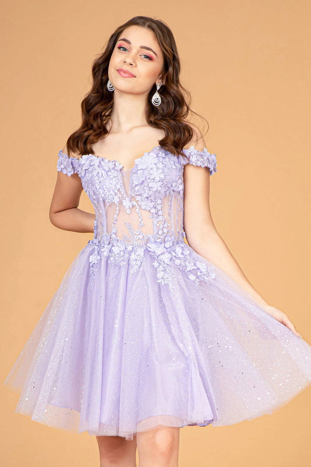 Floral Applique A-Line Off-The-Shoulder Tulle Mini Homecoming Dress