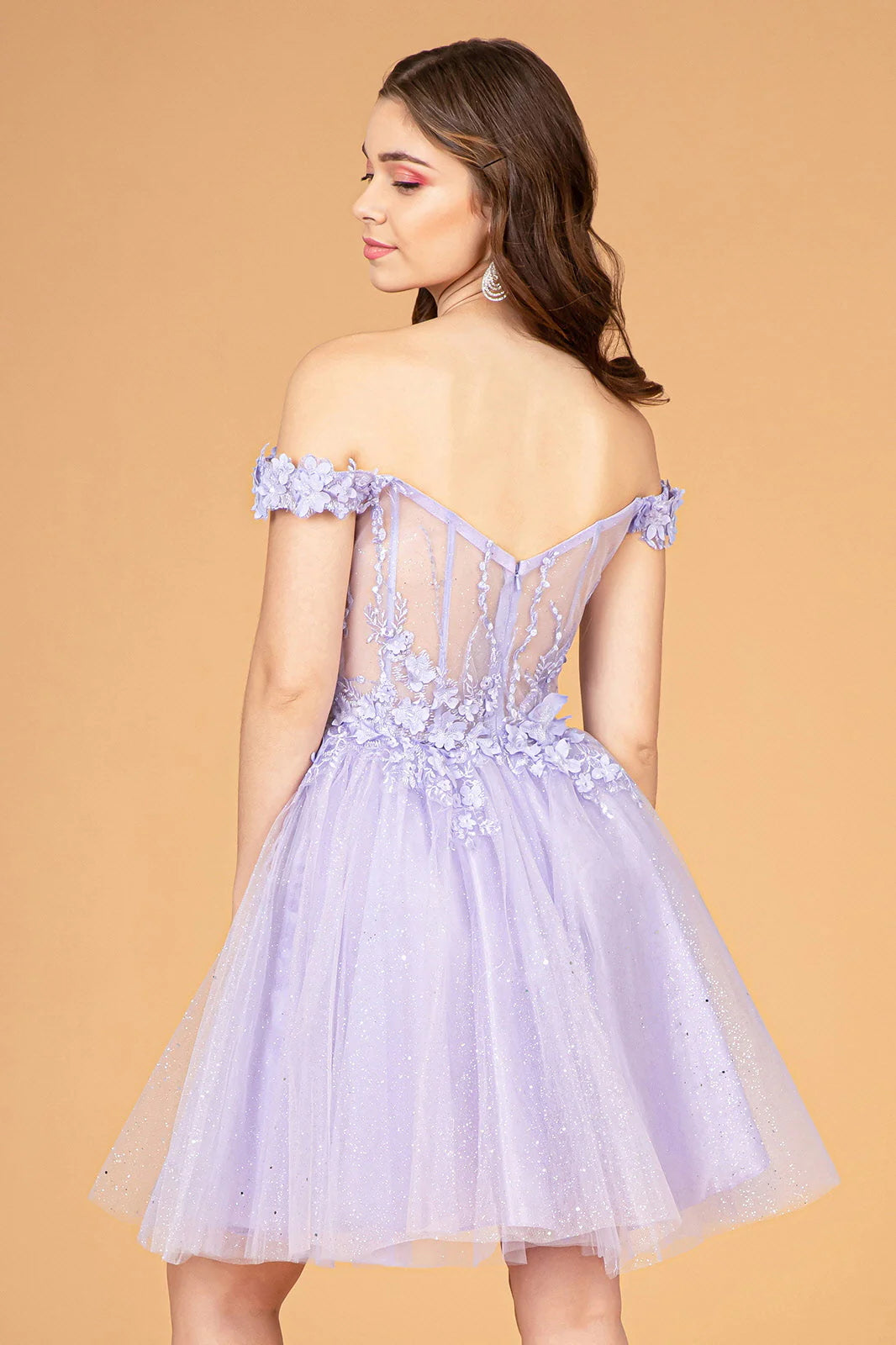 Floral Applique A-Line Off-The-Shoulder Tulle Mini Homecoming Dress