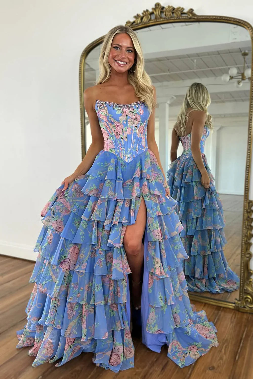 Glamorous Floral Printed Chiffon A-Line Strapless Corset Ruffle Slit Prom Dress