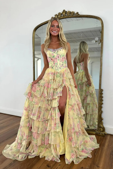 Glamorous Floral Printed Chiffon A-Line Strapless Corset Ruffle Slit Prom Dress