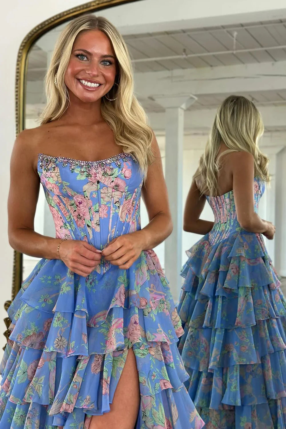 Glamorous Floral Printed Chiffon A-Line Strapless Corset Ruffle Slit Prom Dress