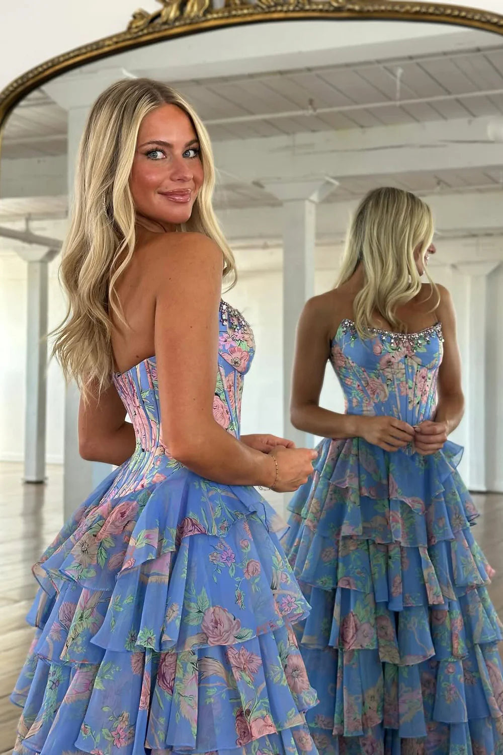 Glamorous Floral Printed Chiffon A-Line Strapless Corset Ruffle Slit Prom Dress