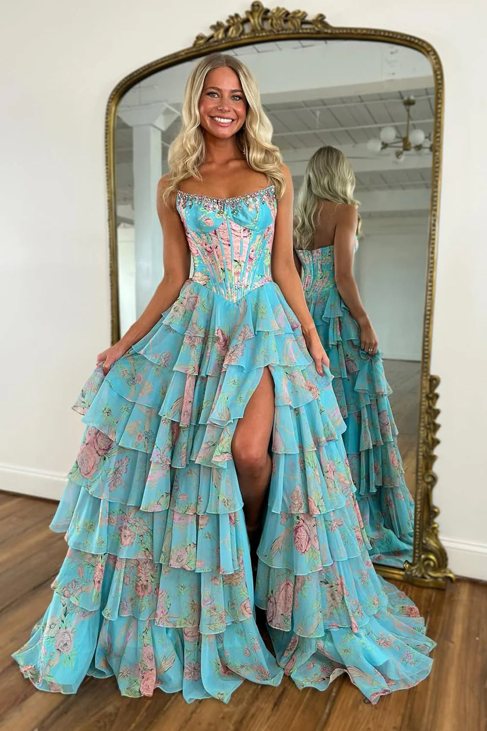 Glamorous Floral Printed Chiffon A-Line Strapless Corset Ruffle Slit Prom Dress