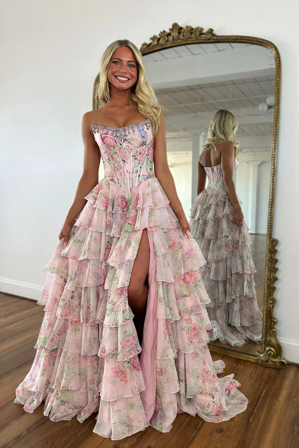 Glamorous Floral Printed Chiffon A-Line Strapless Corset Ruffle Slit Prom Dress