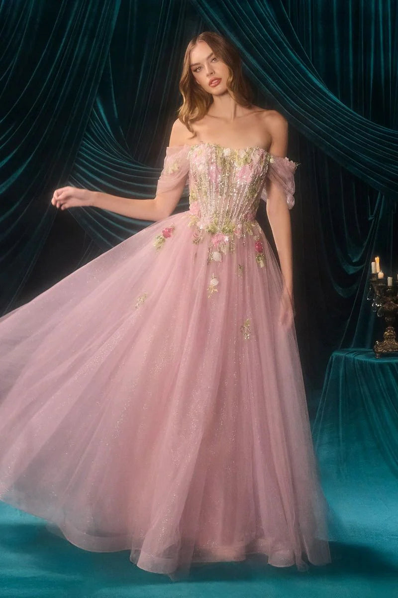 Vestido de noche de tul con escote Bardot, corte princesa, línea A, largo hasta el suelo y adornos florales para graduación