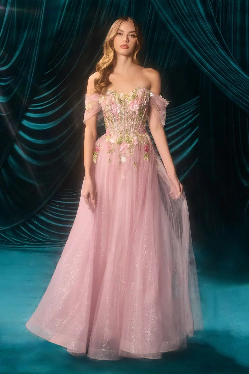Vestido de noche de tul con escote Bardot, corte princesa, línea A, largo hasta el suelo y adornos florales para graduación