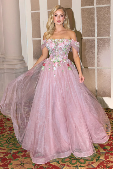 Vestido de noche de tul con escote Bardot, corte princesa, línea A, largo hasta el suelo y adornos florales para graduación