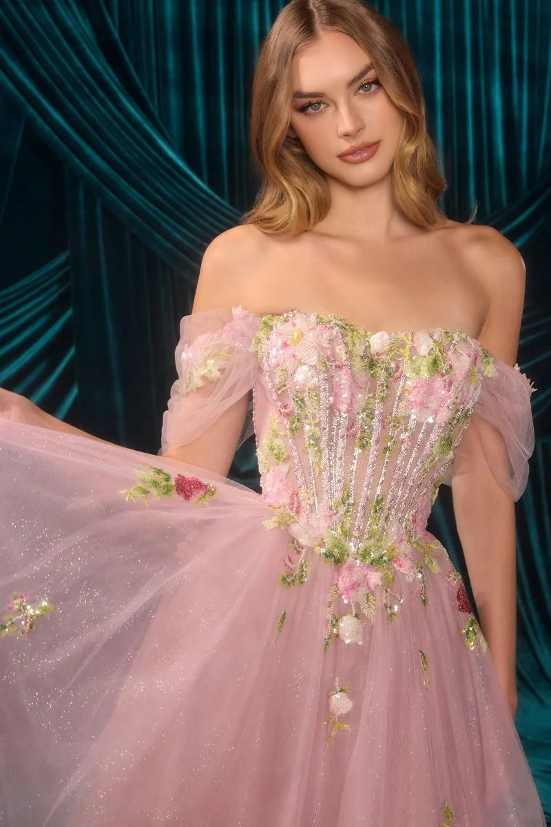 Vestido de noche de tul con escote Bardot, corte princesa, línea A, largo hasta el suelo y adornos florales para graduación