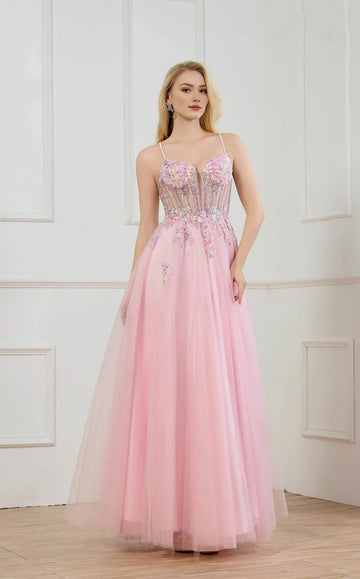 Vestido de fiesta largo de tul con escote corazón, corte en A, bordados florales y corsé de lentejuelas
