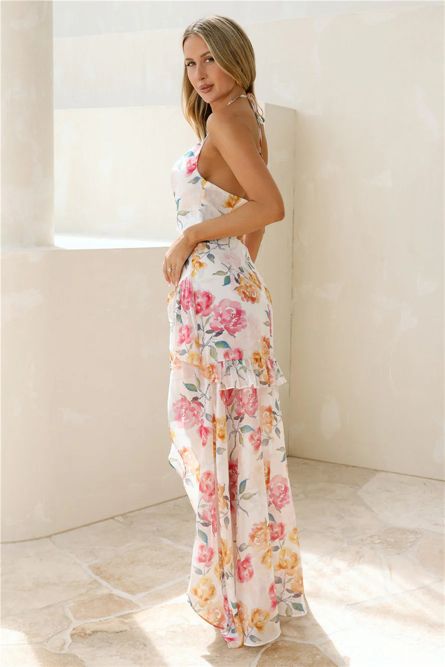 Vestido Largo Floral de Fiesta con Cuello Halter y Volantes con Abertura para Verano