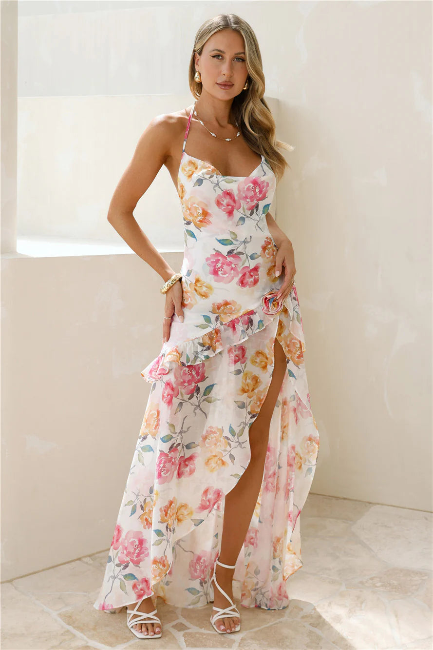 Vestido Largo Floral de Fiesta con Cuello Halter y Volantes con Abertura para Verano