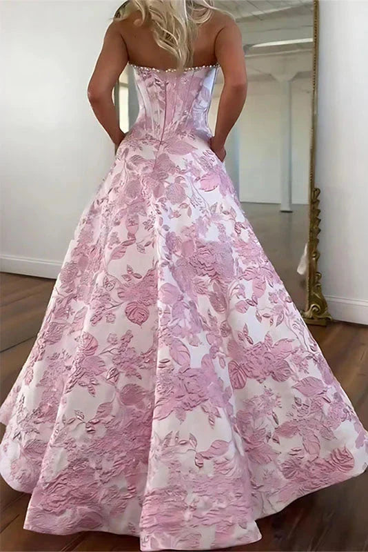 Elegante Vestido de Fiesta Largo de Satén Jacquard Floral con Perlas y Corsé sin Tirantes
