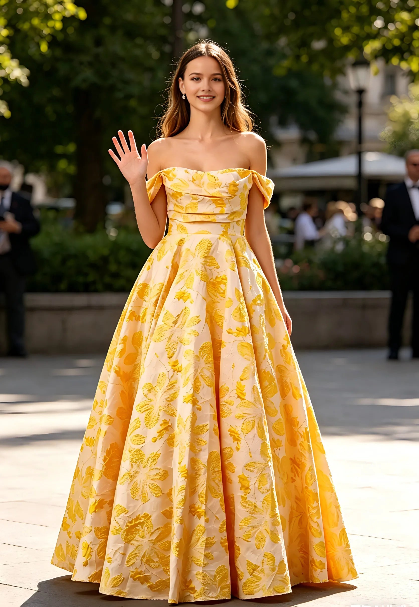 Vestido de fiesta maxi de jacquard floral fruncido con hombros descubiertos, estilo princesa y corte A