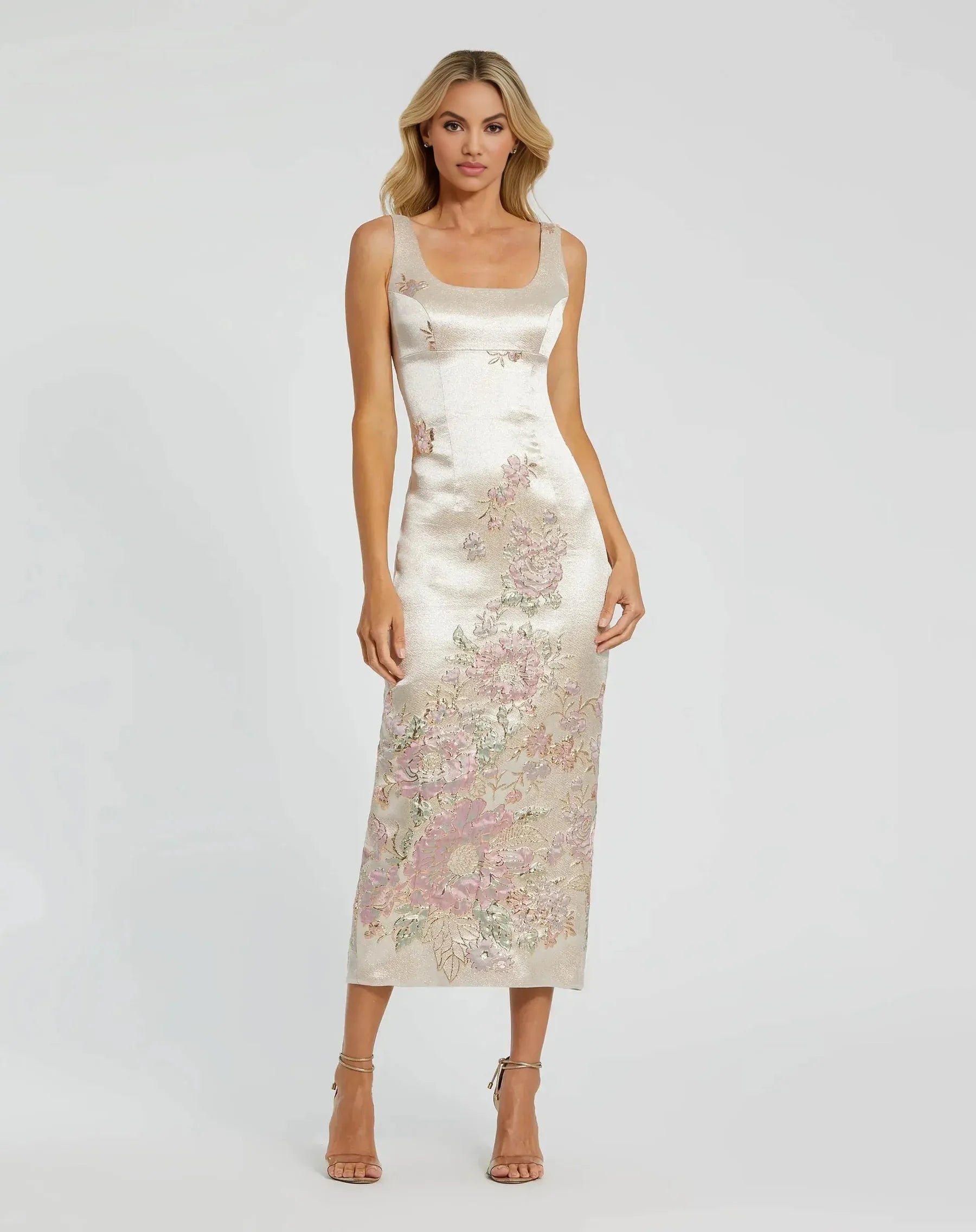 Floral-Jacquard Square-Neck Sleeveless Sheath Midi Cocktail Dress