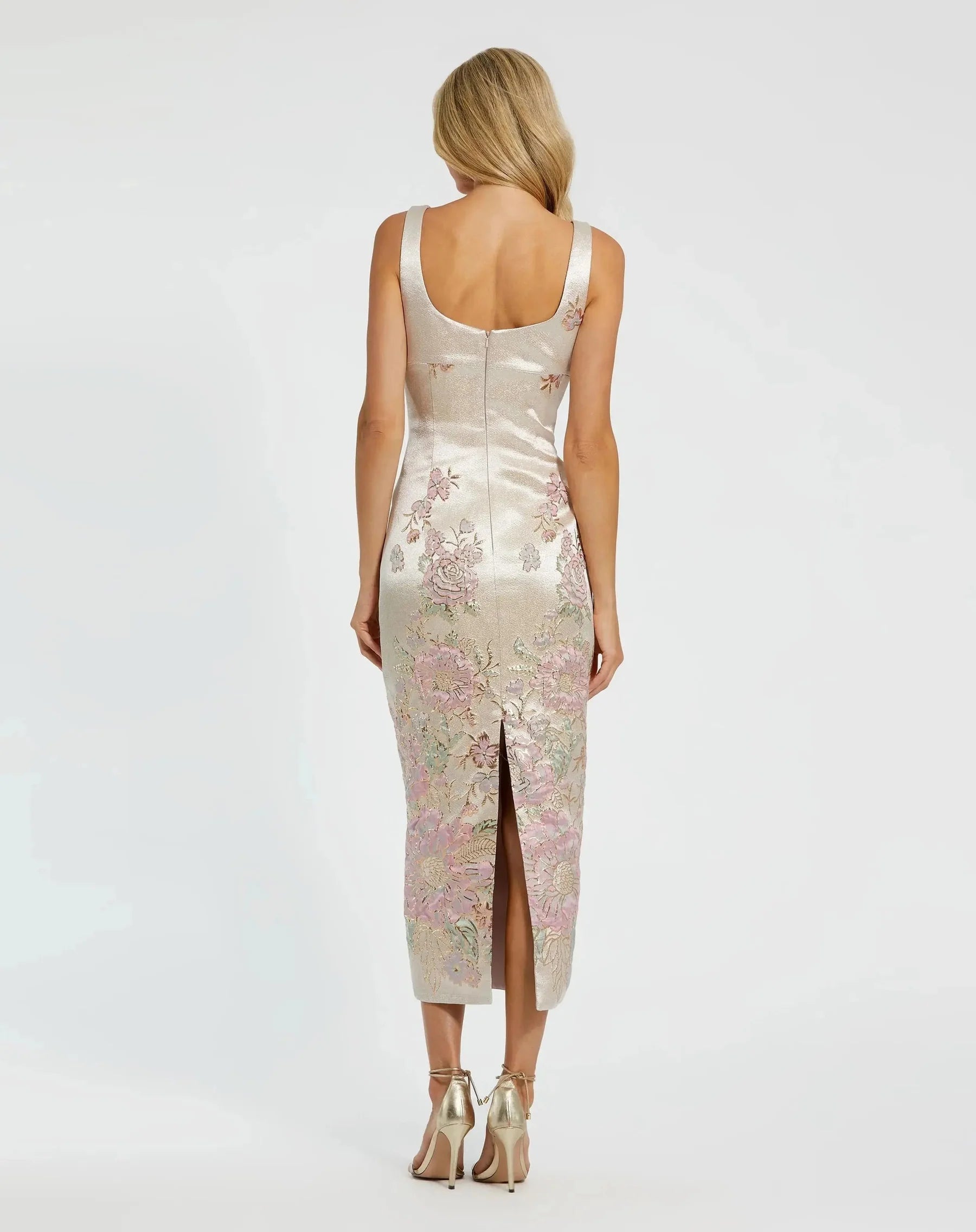 Floral-Jacquard Square-Neck Sleeveless Sheath Midi Cocktail Dress