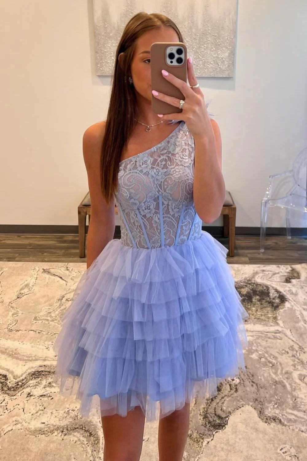 Floral Lace A-Line One-Shoulder Tiered Tulle Homecoming Dress
