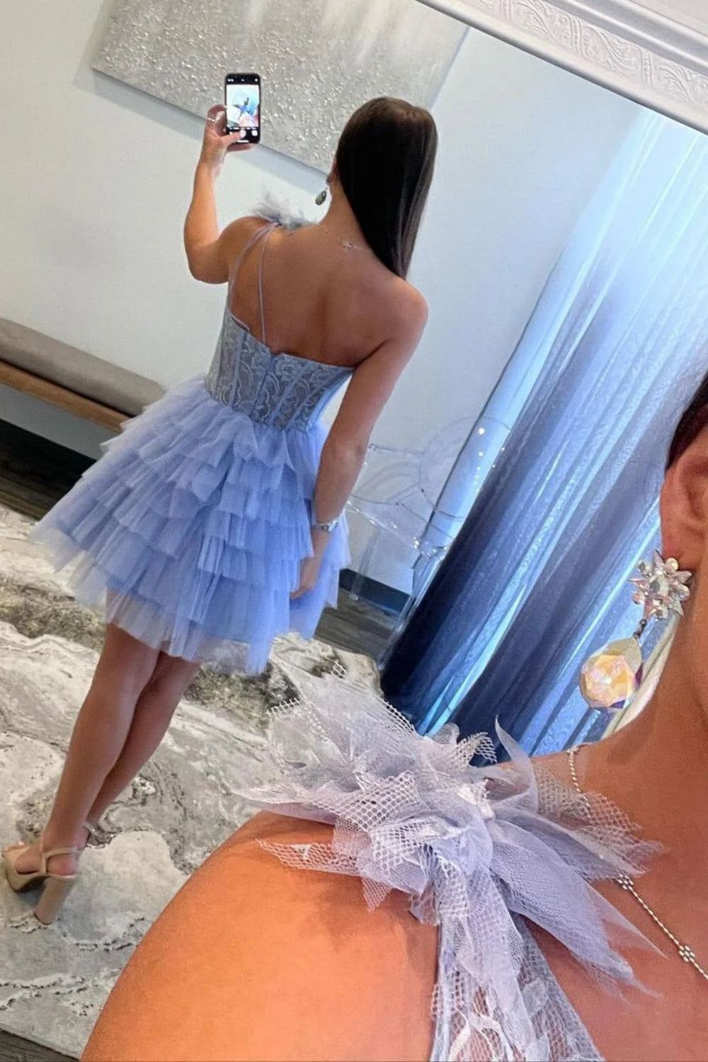 Floral Lace A-Line One-Shoulder Tiered Tulle Homecoming Dress