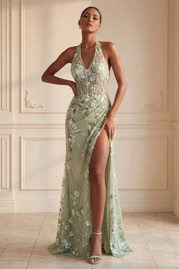 Floral Mermaid Halter-Neck Embroidered Prom Dress Floor-Length Slit Formal Dress
