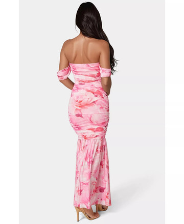 Floral Print Ruched Mesh Off-the-Shoulder Mermaid Maxi Wedding Guest Dress
