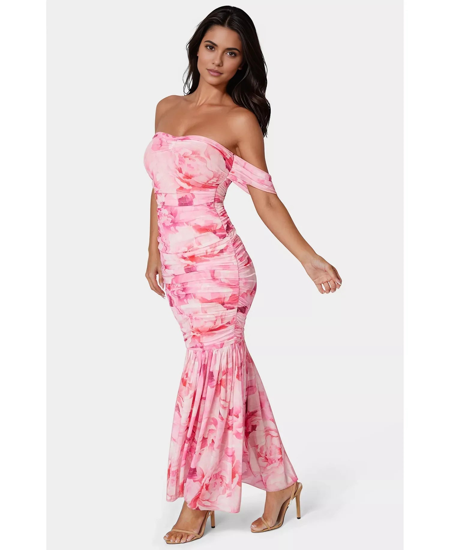Floral Print Ruched Mesh Off-the-Shoulder Mermaid Maxi Wedding Guest Dress