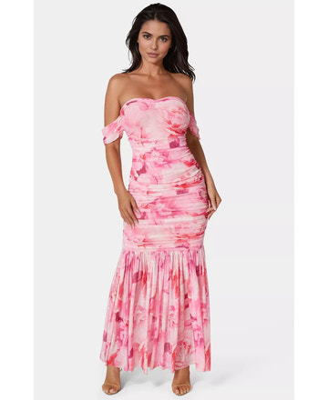 Floral Print Ruched Mesh Off-the-Shoulder Mermaid Maxi Wedding Guest Dress