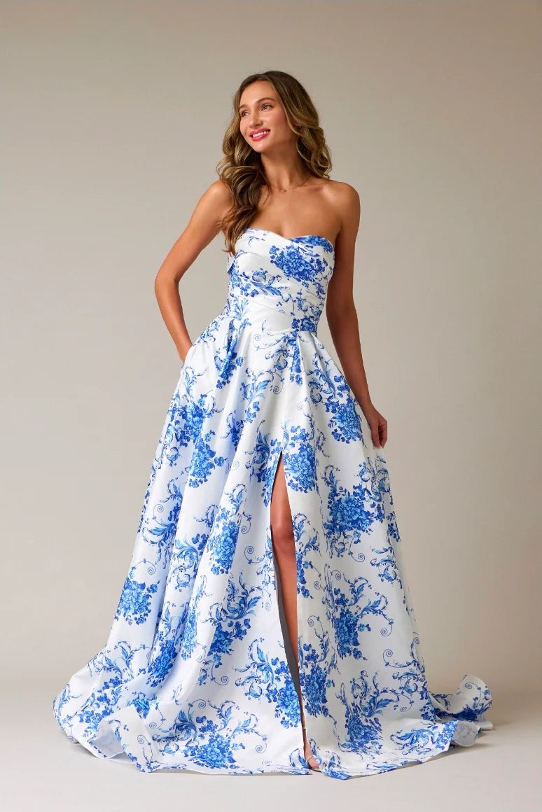 Vestido de Noche Largo con Estampado Floral sin Tirantes, Fruncido, Corte en A y Abertura