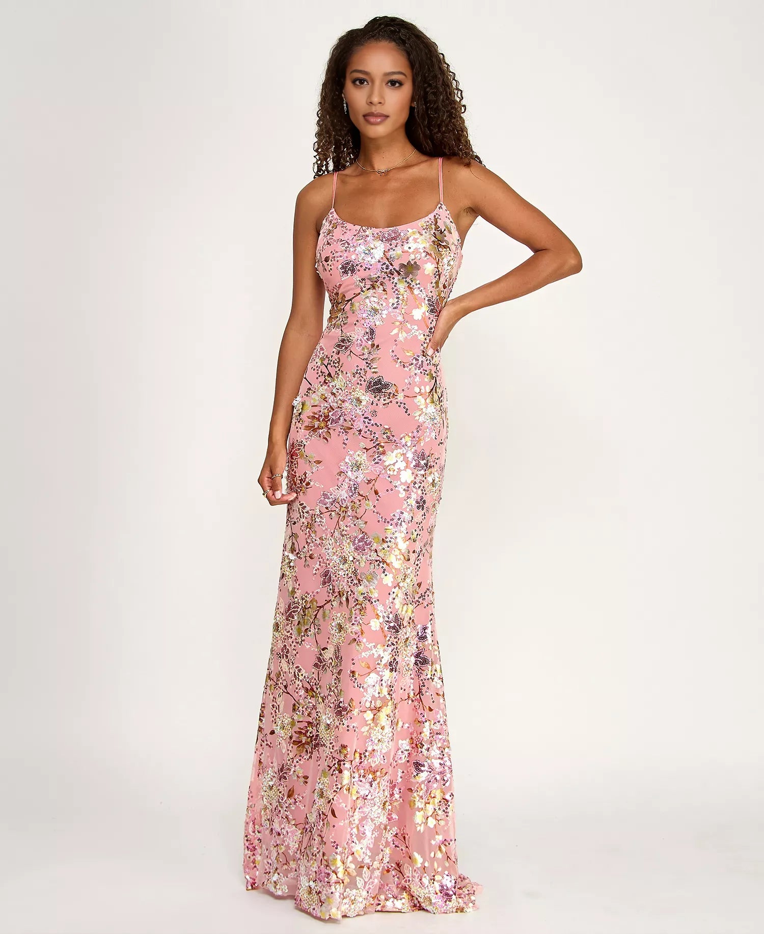 Floral Sequin Mermaid Scoop Neck Floor Length Open Back Evening Gown