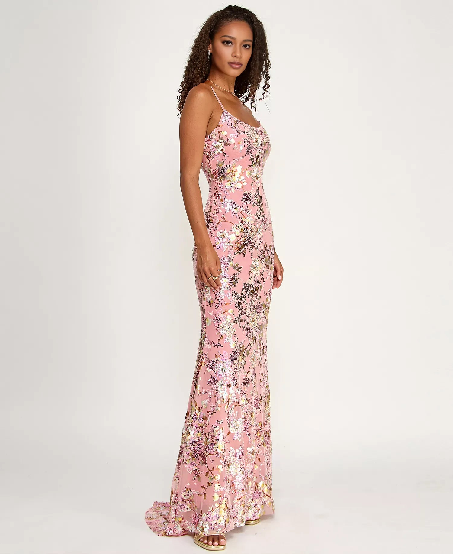 Floral Sequin Mermaid Scoop Neck Floor Length Open Back Evening Gown