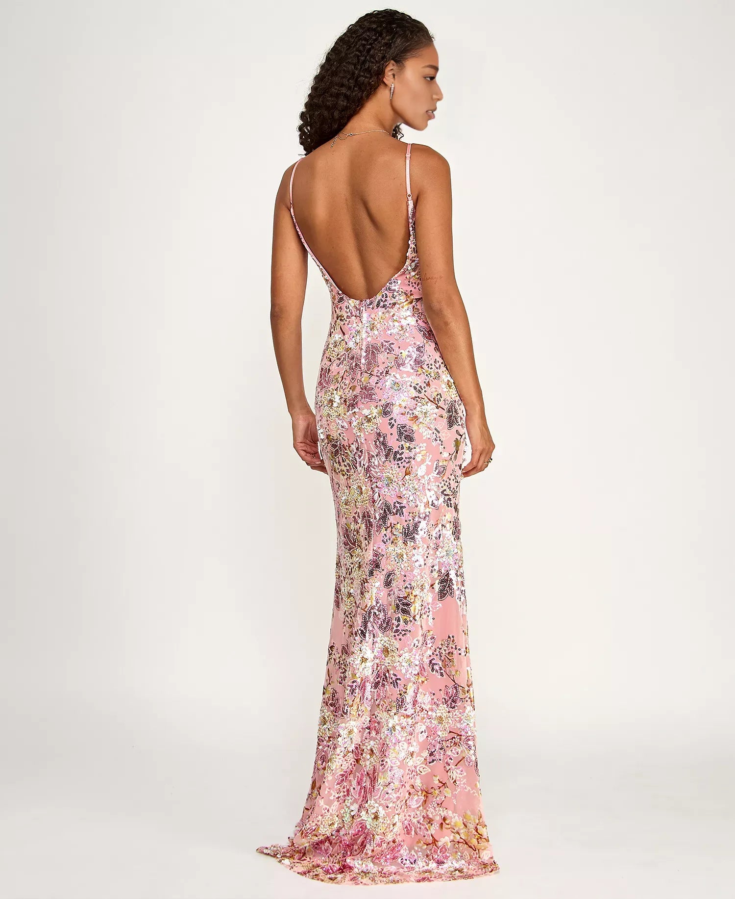 Floral Sequin Mermaid Scoop Neck Floor Length Open Back Evening Gown