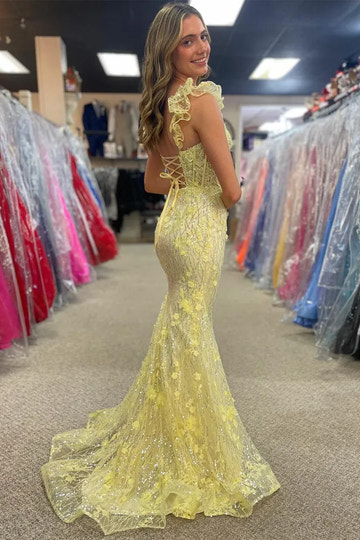 Floral Applique Mermaid Sweetheart Ruffle Lace-Up Floor-Length Prom Gown