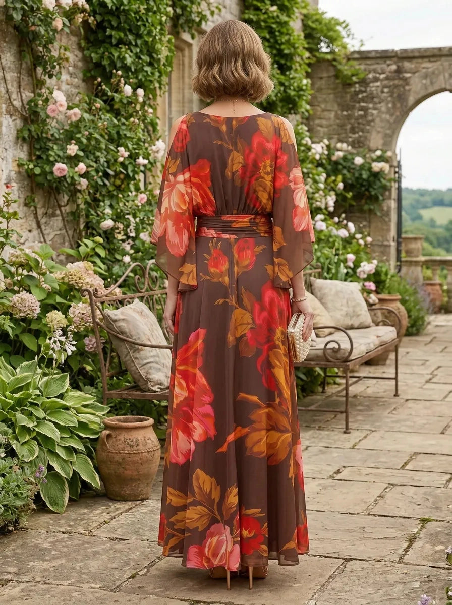 Zip‑back brown fall floral chiffon long mother of the bride formal evening dress