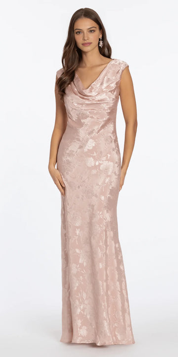 Blush floral jacquard column formal dress with cowl neckline, sleeveless design, satin-like sheen, and floor length evening style by VEDRESS