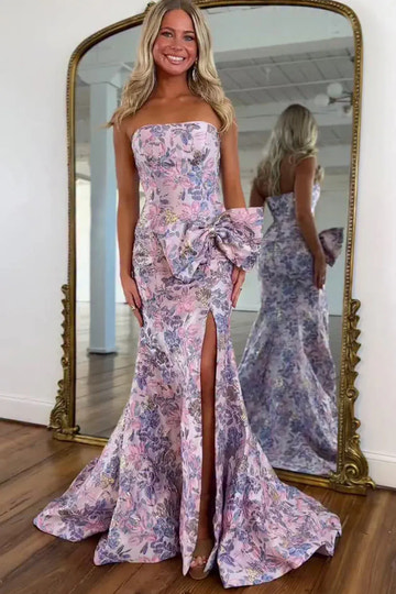 Floral Jacquard Mermaid Strapless Oversized Bow Zip Slit Train Prom Gown