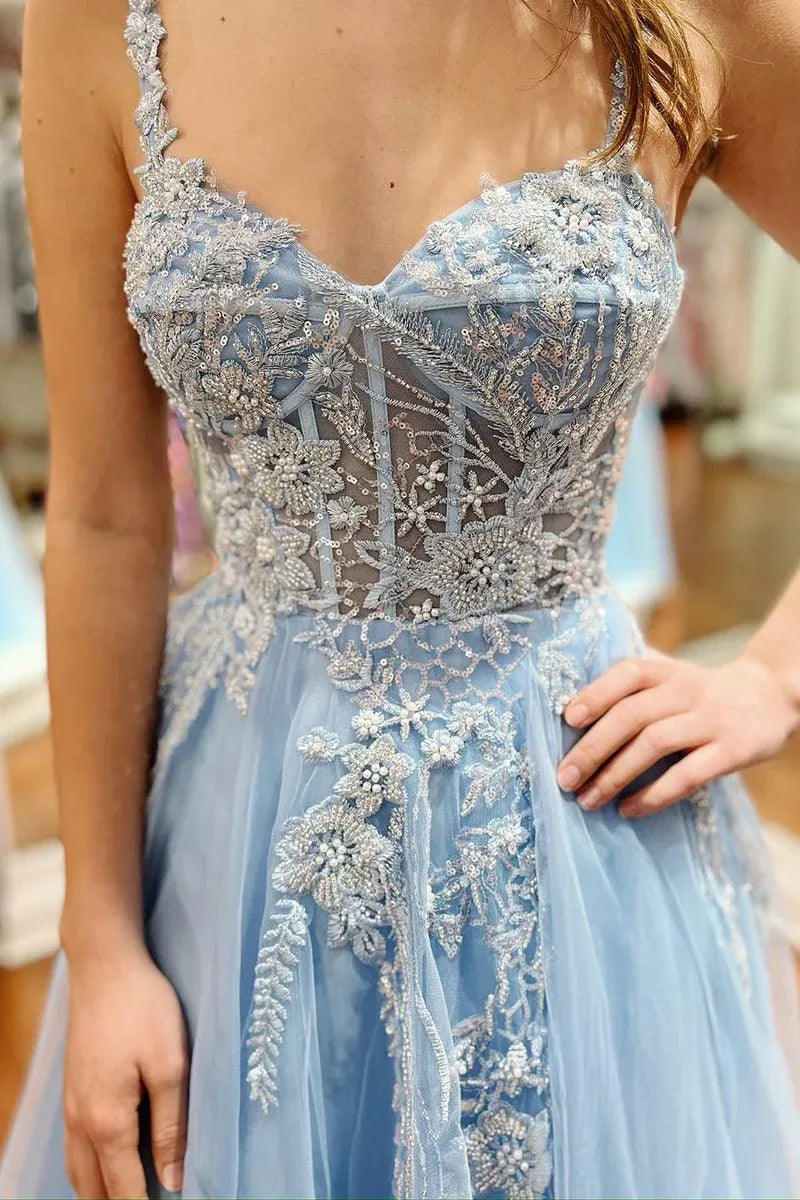 Floral Lace Applique Sheer Boned Corset A-Line V Neck Spaghetti Strap Tulle High Slit Floor Length Prom Evening Gown