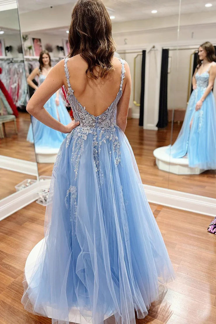Floral Lace Applique Sheer Boned Corset A-Line V Neck Spaghetti Strap Tulle High Slit Floor Length Prom Evening Gown