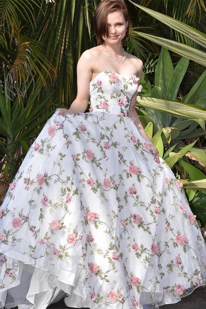 Vestido de fiesta con estampado floral, escote corazón, sin tirantes, sin espalda, largo hasta el suelo.