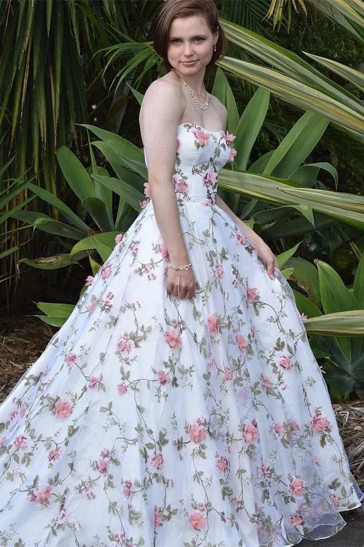 Vestido de fiesta con estampado floral, escote corazón, sin tirantes, sin espalda, largo hasta el suelo.