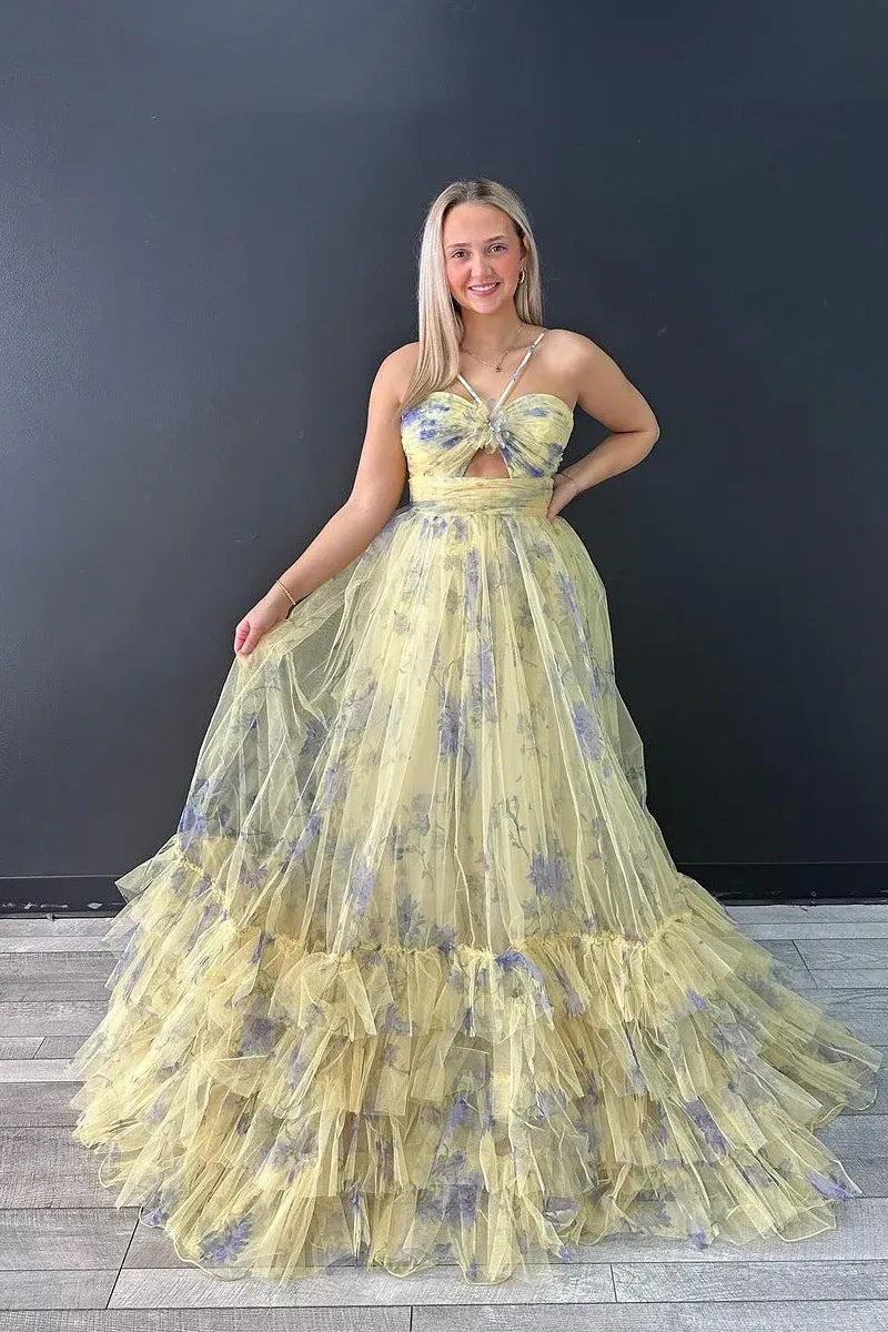 Floral Print Halter Neck Keyhole Cutout Bow Detail A-Line Tiered Ruffled Tulle Floor Length Prom Evening Gown