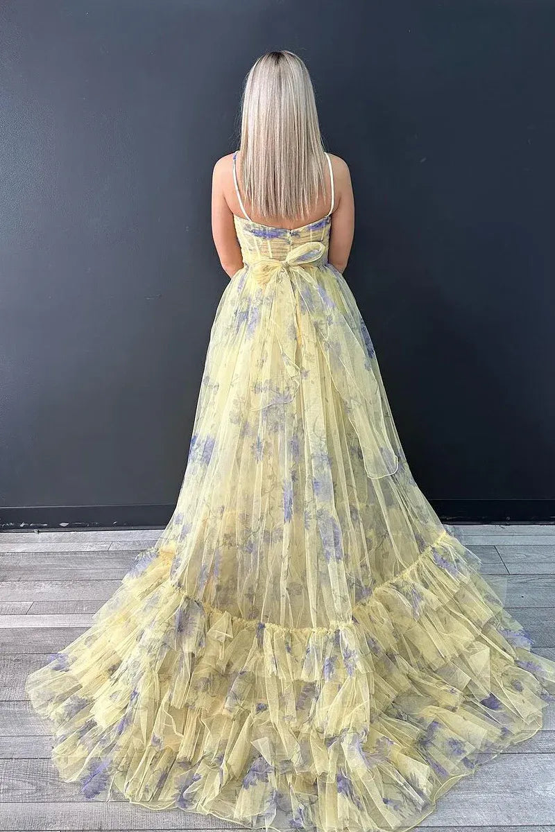 Floral Print Halter Neck Keyhole Cutout Bow Detail A-Line Tiered Ruffled Tulle Floor Length Prom Evening Gown
