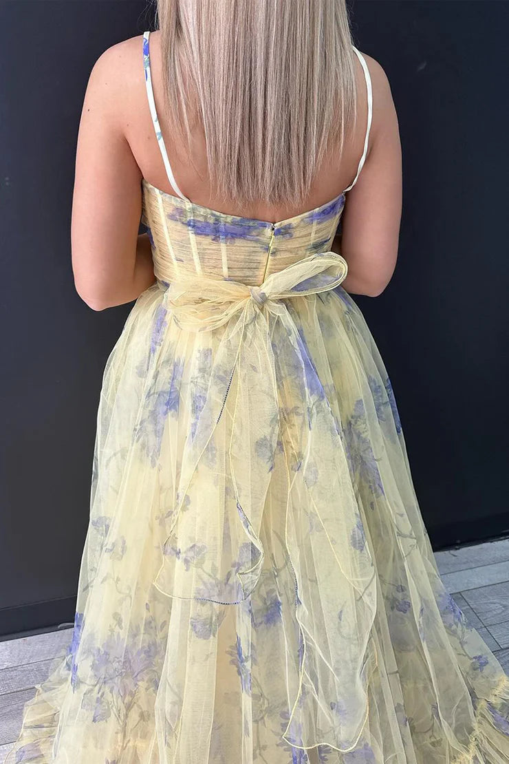 Floral Print Halter Neck Keyhole Cutout Bow Detail A-Line Tiered Ruffled Tulle Floor Length Prom Evening Gown