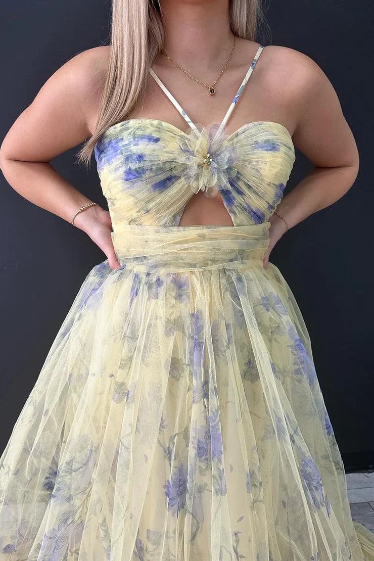 Floral Print Halter Neck Keyhole Cutout Bow Detail A-Line Tiered Ruffled Tulle Floor Length Prom Evening Gown