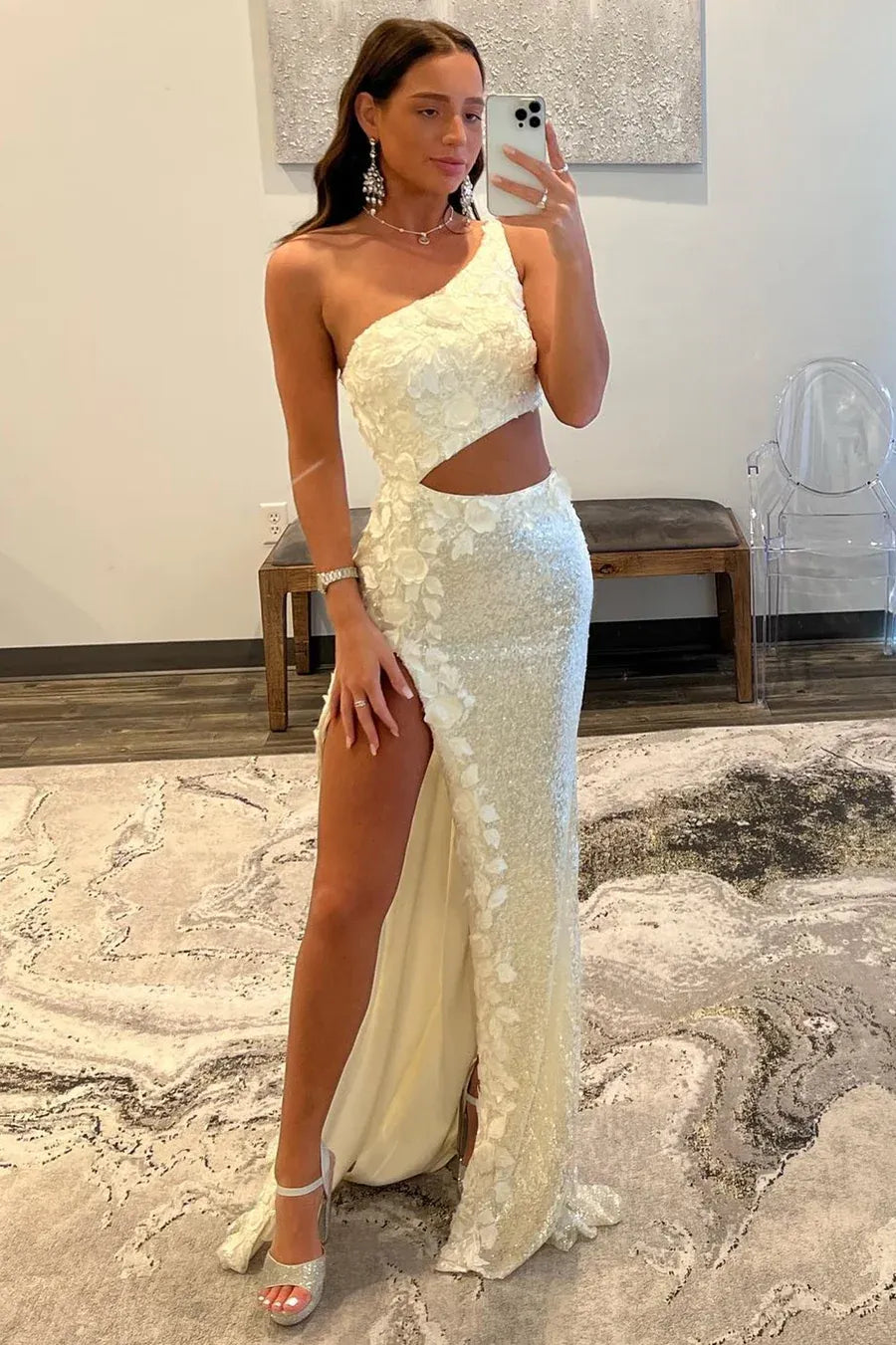 Vestido de fiesta sirena largo hasta el suelo con lentejuelas florales, un solo hombro y aberturas