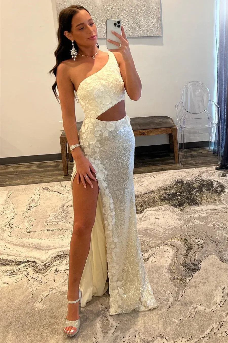 Vestido de fiesta sirena largo hasta el suelo con lentejuelas florales, un solo hombro y aberturas