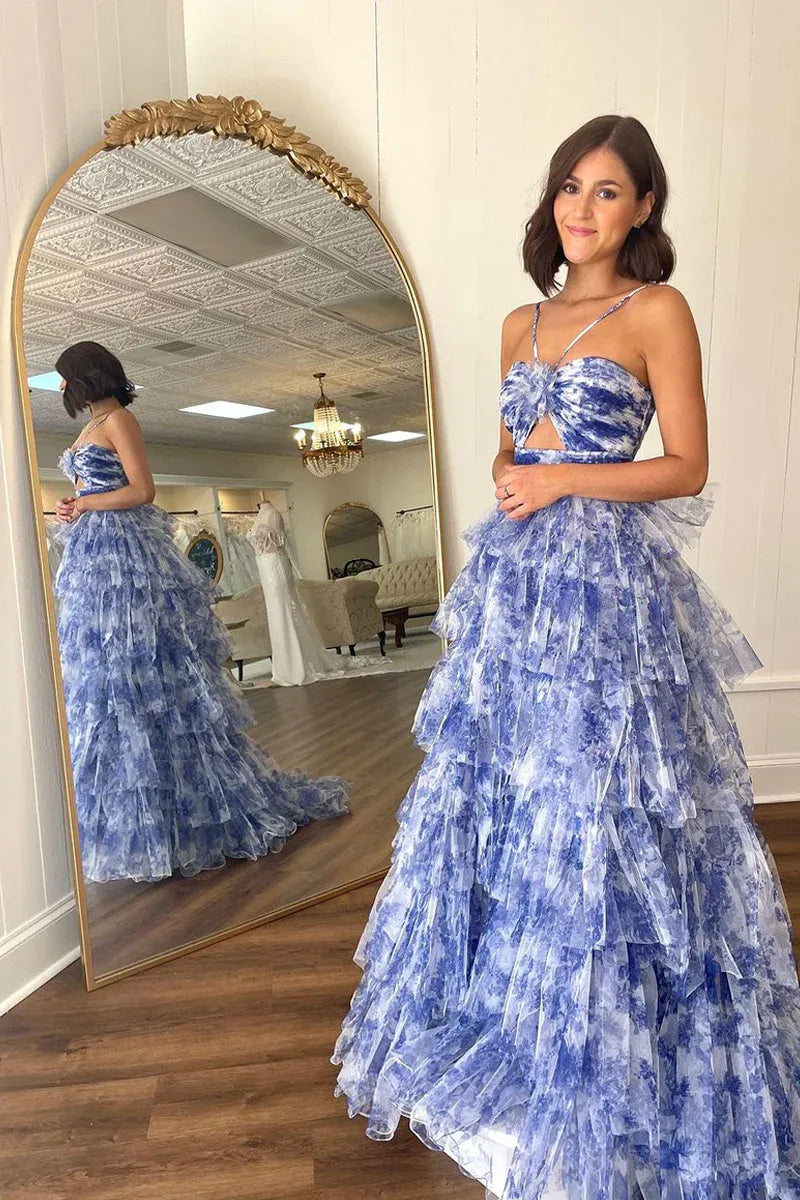 Floral Tiered Ball Spaghetti Bow Cutout Zip Train Formal Gown
